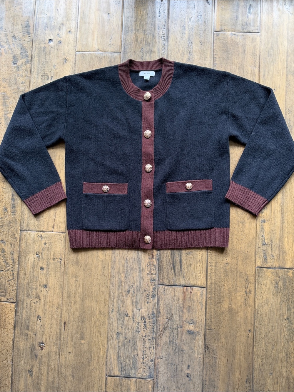 Reiss Olive Tipped Crewneck Wool And Cashmere Cardigan Black Burgundy - Picture 6 of 9